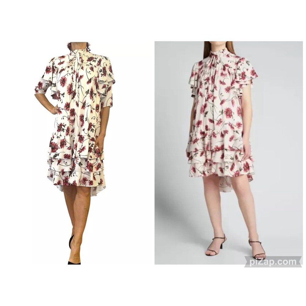 Adam Lippes Floral High Neck‎ Tiered Flounce Dress White Daisy Flutter Sleeve 0